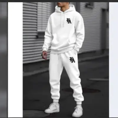 Men Fleece Hoodie Sweatshirt Suit Cream Black