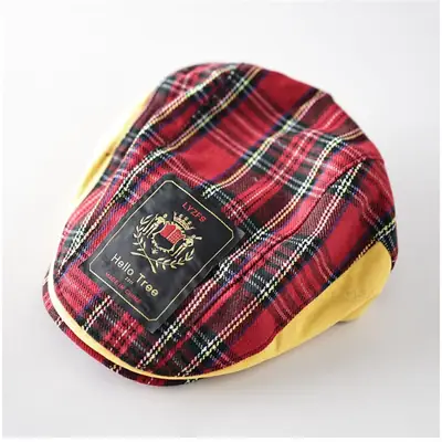 Men Plush Plaid Cap Red Yellow Brand Tag