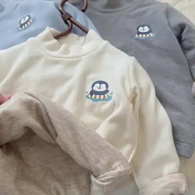 2025 Winter Boys Fleece T-Shirt Cream Double Layer