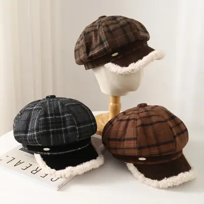 Japanese Plaid Warm Beret for Women Autumn Winter Brown
