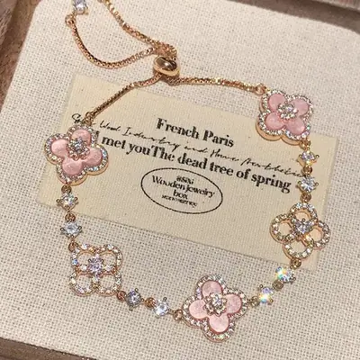 Pink Four-Leaf Flower Sparkling Diamond Bracelet for Women