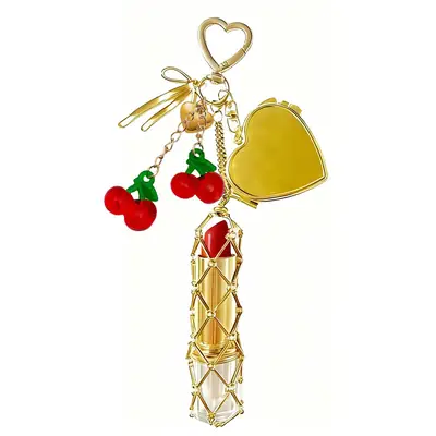 Gold Stainless Steel Cherry Lipstick Mesh Bag Pendant