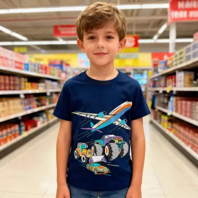 Navy Blue Cartoon T-Shirt for Boys Round Neck Short Sleeve