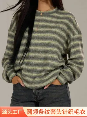New Cross-Border American Striped Sweatshirt Loose Round Neck
