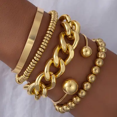 European and American Cross-Border New Style Personalized Ins Exaggerated Thick Chain Open Bracelet 5-Piece Set Creative Ball Bead Bracelet Wholesale