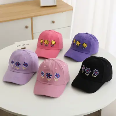 Children's Purple Flower Embroidered Peaked Cap