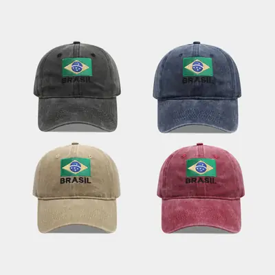 Brazil Flag Embroidered Distressed Cap Men's Washed