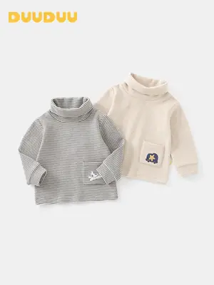 Duuduu Boys Turtleneck Base Layer Shirt Grey Beige Winter Warm