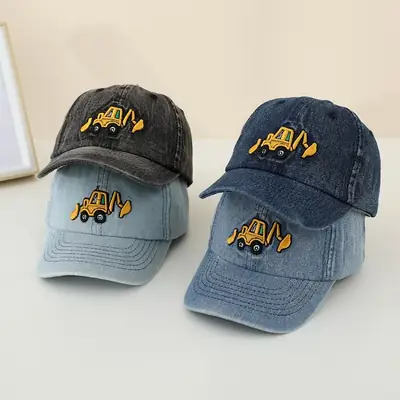 Denim Washed Cartoon Excavator Cap for Boys Girls