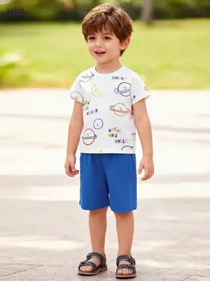 Kids Cotton Space Print T-Shirt Shorts Set Blue