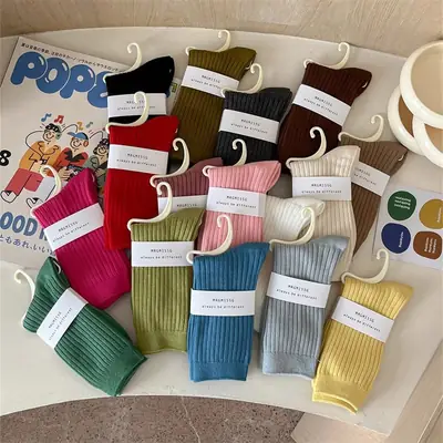 Pure Cotton Double-Needle Unisex Socks, Colorful Thick Solid Color Mid-Calf Socks, Dopamine Seamless Couple Versatile Slouch Socks