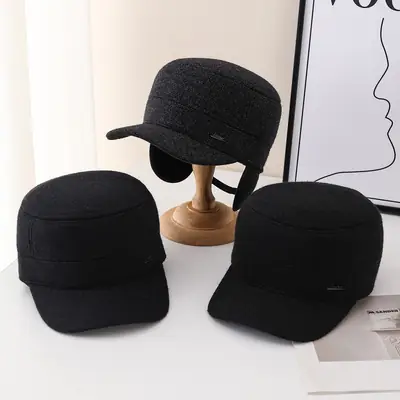 Black Woolen Baseball Cap Windproof Cold Proof