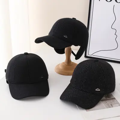 Winter Men's Black Wool Cap with Ear Protection