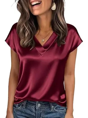 Women's Satin T-Shirt Spring and Summer Amazon European and American Clothing New Solid Color Business V-Neck Casual Pullover Top for Women