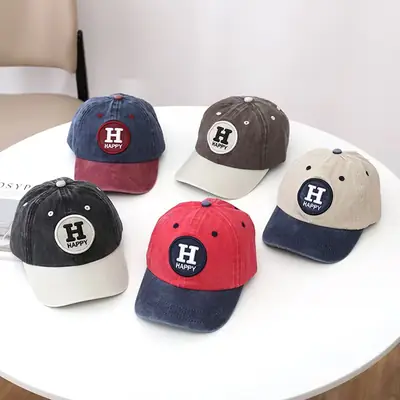 Children's Happy Embroidery Cap Grey White Curved Brim