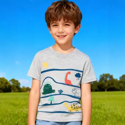 Dinosaur Pattern Boys Summer T-Shirt Grey Short Sleeve