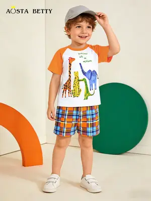 Boys Cartoon Animal T-Shirt Orange White 2-Piece Set
