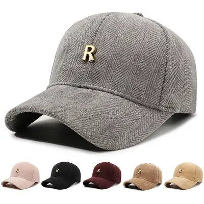 Gray Herringbone Baseball Cap with Gold R Logo