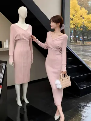 2026 Cross-Border European and American Style New Women's Fashion Elegant V-Neck Long-Sleeve Knit Dress for Women, Autumn and Winter Bodycon Long Dress