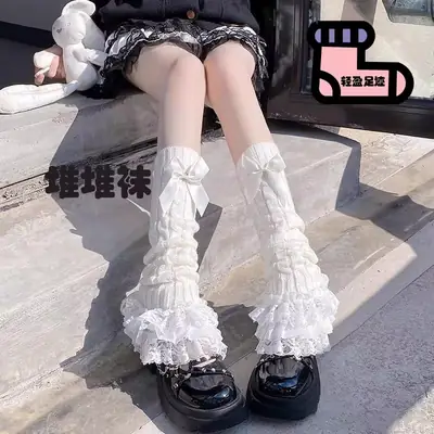 Lolita Lace Trim Calf Socks for Women, Japanese Style Bowknot Slouch Socks, Jk Mid-Calf Slimming Leg Warmers for Autumn