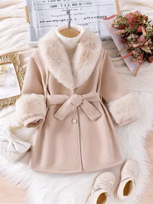 Girls' Outwear Autumn and Winter Foreign Trade Style Children's Clothing Fashionable Fur Collar Cardigan Mid-Length Woolen Coat for Older Children