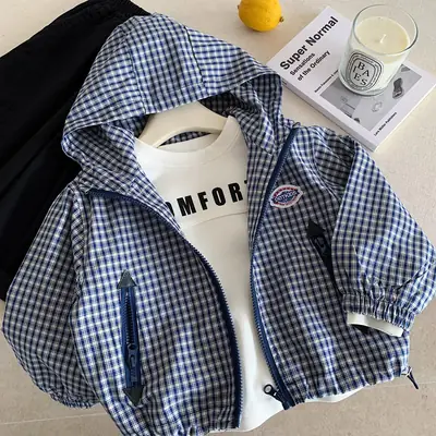 Boys' Jacket 2026 Spring New Style Children's Plaid Hooded Casual Cardigan Small Coat College Style Zip-Up Jacket Trendy
