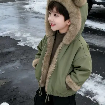 Girls' Fleece-Lined Jacket 2025 New Winter Thickened Early Winter Outfit for Little Girls, Super Cute Hooded Parka