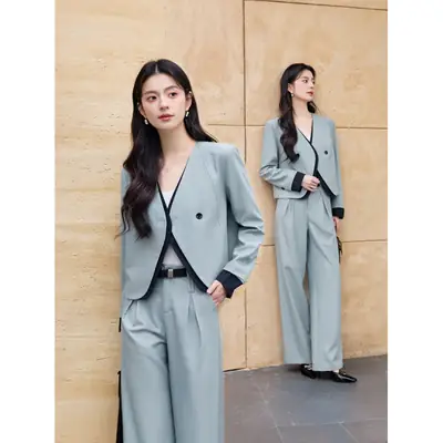 Korean Fashion Style Chanel-Inspired Blazer for Women, New Spring and Autumn Season, Elegant Socialite Style, Patchwork Wide-Leg Pants Suit