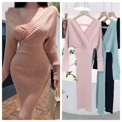 8146 Pink Bodycon Dress for Autumn and Winter, Pure and Sexy V-Neck Cross-Back Batwing Sleeve Waist-Cinching Inner Dress
