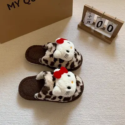 Leopard Print Kt Cat Cotton Slippers for Women, New Autumn and Winter Cute Indoor Home Non-Slip Closed-Toe Furry Slippers
