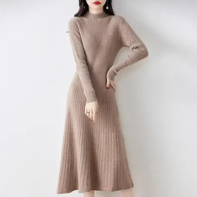 New Autumn and Winter Women's Slim-Fit, Mid-Length, Versatile Base Sweater Dress with a Half-High Collar and Knitted Design