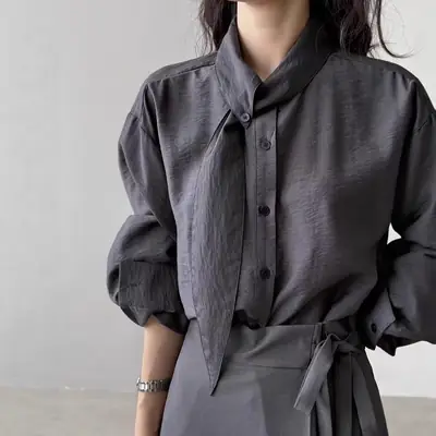 Korean-Style Scarf Collar Long-Sleeve Shirt for Women, Spring and Autumn Design, Niche Long-Sleeve Top, Loose Fit, French-Style Blouse for Work