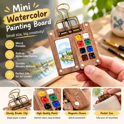 Mini Watercolor Paint Walnut Wood Box Portable Sketchbook Travel Painting Notebook Color Mixing Small Drawing Board