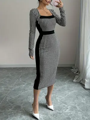 Autumn and Winter Fashionable and Elegant Waist-Cinching Slim-Fit Retro Square-Neck High-End Exquisite Houndstooth Long-Sleeve Dress
