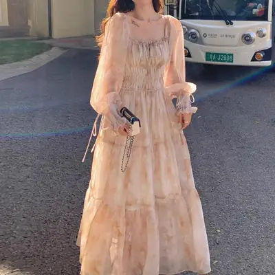 French-Style Printed Chiffon Dress for Women, 2026 Spring and Autumn New Model, Gentle and Elegant, Slimming and Stunning, Popular Fairy-Style Long Dress