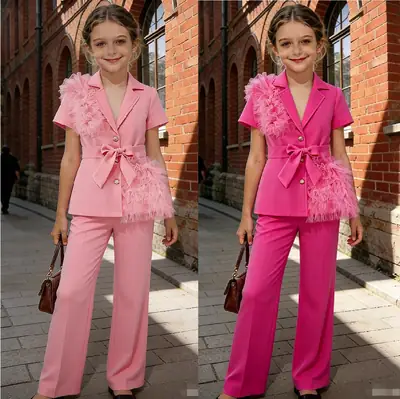 2026 New Summer Style Girls' Suit Set: Rose Red Mesh Patchwork Short-Sleeve Blazer and Wide-Leg Pants