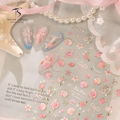TENSOR's popular ocean pink shell nail art stickers TL-486, gentle ballet style, dazzling shell and conch designs