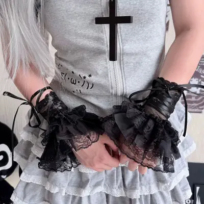 Thin Sun Protection Sleeves, Ballet-Style Lace Girl's Lace-Up Decorative Sleeves, Subculture Niche Versatile Sleeves for Women