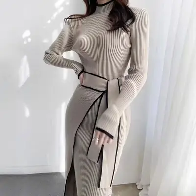 Autumn and Winter New Korean Style Elegant Stand-Up Collar Color-Blocked Ribbed Lace-Up Waist-Slimming Long-Sleeve Knit Dress for Women
