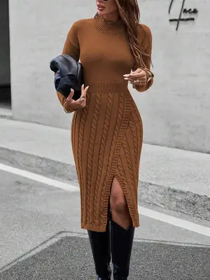 Cross-Border Half-High Collar Dress for Women, Autumn and Winter Long Over-The-Knee Sweater Dress, Slim Fit, Slimming Knit Base A-Line Dress