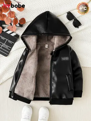 Boys' Fleece-Lined Autumn and Winter Pu Leather Black and Brown Hooded Zip-Up Jacket with English Letter Logo