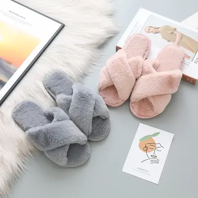 Crossed Fur Slippers for Women, New Autumn and Winter Style, Flat Non-Slip Indoor Floor Slippers, Air Conditioning Slippers