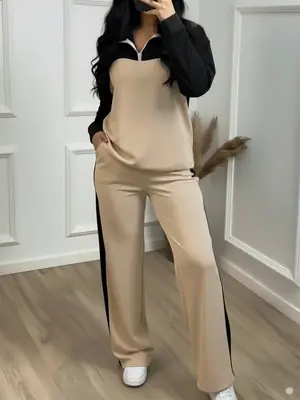 Amazon's best-selling spring and autumn item: simple collared loose top paired with wide-leg pants, women's fashion set