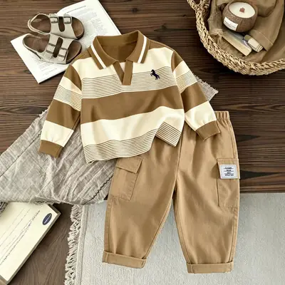 2026 New Children's Outfit: Spring and Autumn Long-Sleeve Striped Boys' Casual Versatile Cargo Pants Trendy Two-Piece Children's Clothing Set