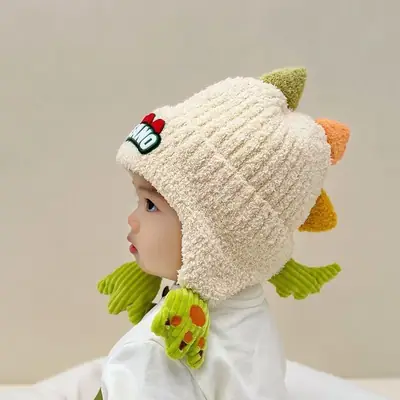 Children's Hat Autumn/Winter 2025 New Model Ear Protection Thickened Knit Hat for Older Kids, Dinosaur Design, Unisex, Trendy Woolen Hat