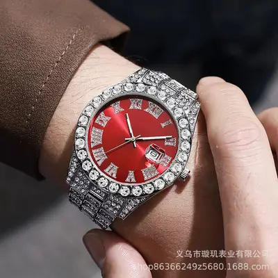 Cross-border bestseller men's steel band quartz watch, hip-hop business Roman numeral diamond-encrusted calendar wristwatch, large dial full-diamond watch