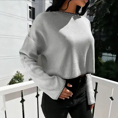 Cross-border Amazon high-waisted color-block knit sweater for women, 2026 autumn and winter new style, loose casual short pullover sweater for women