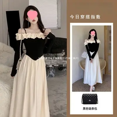 2026 One-shoulder color-blocked strap dress for women, new autumn French-style slim-fit waist-cinching elegant long dress