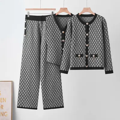 European fashion new style buttoned versatile slimming foreign trade wide-leg trendy V-neck vest cardigan knitted three-piece set