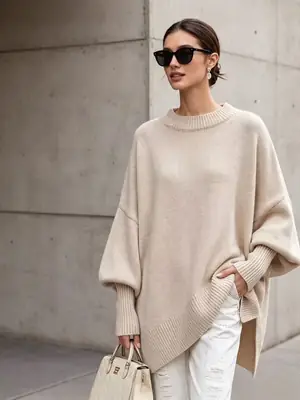 European and American cross-border 2026 autumn and winter round-neck pullover plus-size knit sweater, loose and casual style, solid color women's sweater